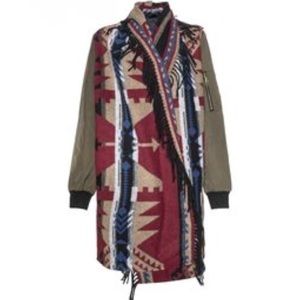 Fringe Printed Wool Coat With Nylon Sleeves